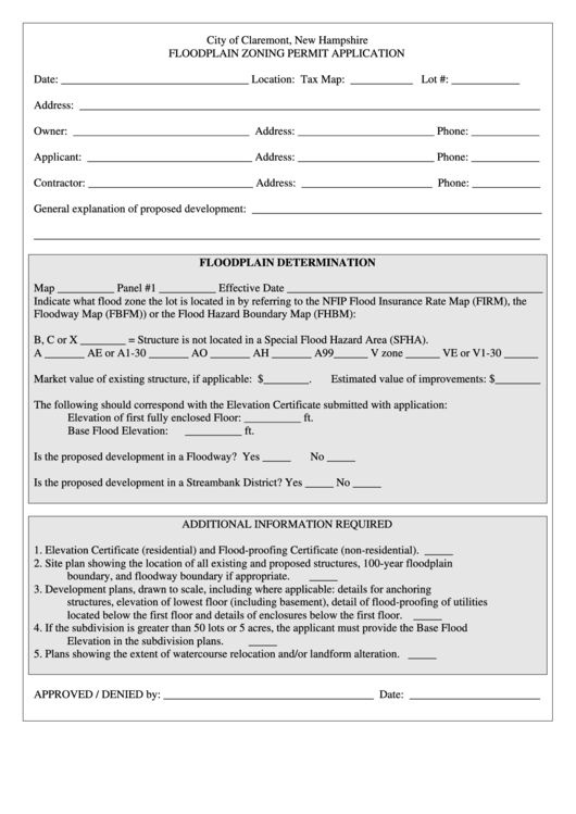 Floodplain Zoning Permit Application Form City Of Claremont Printable 