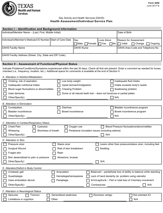 Form 3050 Download Fillable PDF Or Fill Online Day Activity And Health