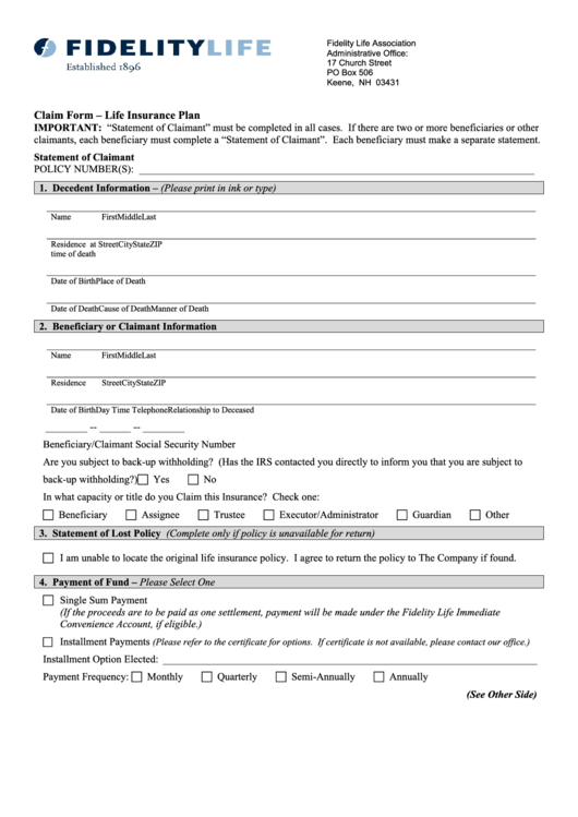 Form 3451 Fla 07 Claim Form Life Insurance Plan Printable Pdf Download