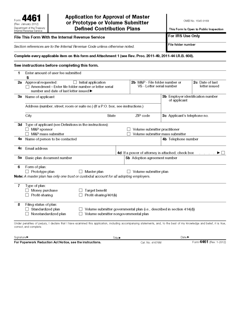 Form 4461 Application For Approval Of Master Or Prototype Or Volume 