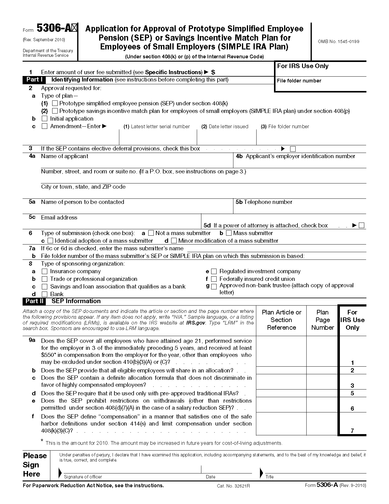 Form 5306 A Application For Approval Of Prototype Simplified Employee 