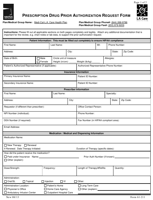 Form 61 211 Download Printable PDF Or Fill Online Prescription Drug 