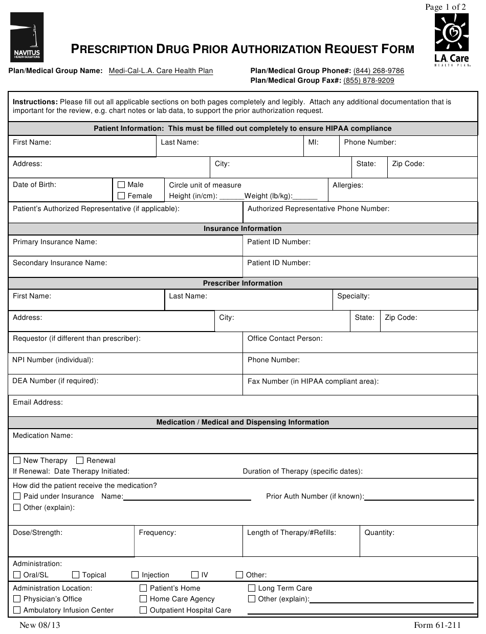 Form 61 211 Download Printable PDF Or Fill Online Prescription Drug 