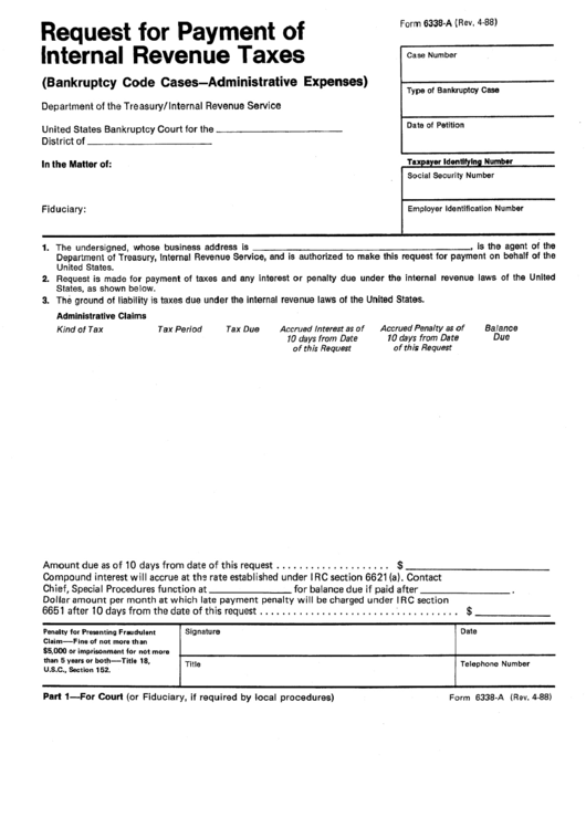 Form 6338 A Request For Payment Of Internal Revenue Taxes Printable