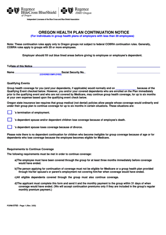 Form 9765 Oregon Health Plan Continuation Notice Printable Pdf Download