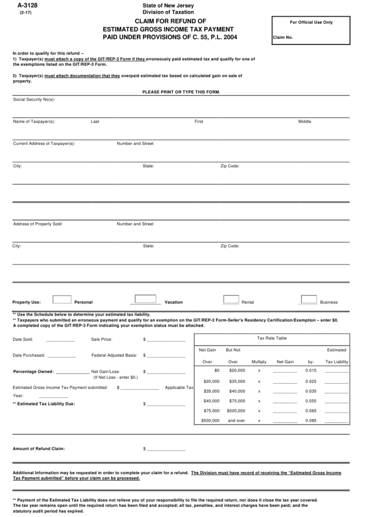 Form A 3128 Download Fillable PDF Or Fill Online Claim For Refund Of 