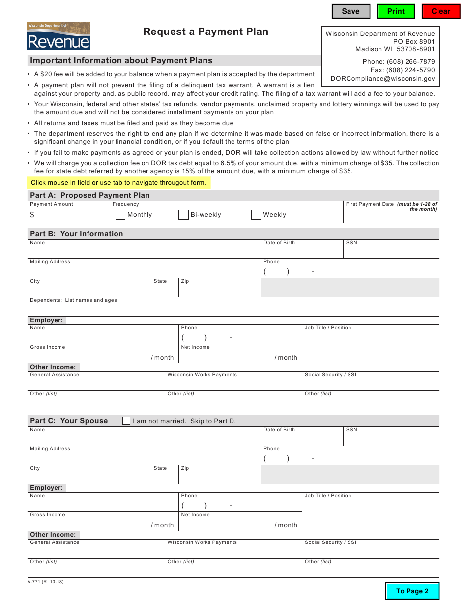 Form A 771 Download Fillable PDF Or Fill Online Request A Payment Plan