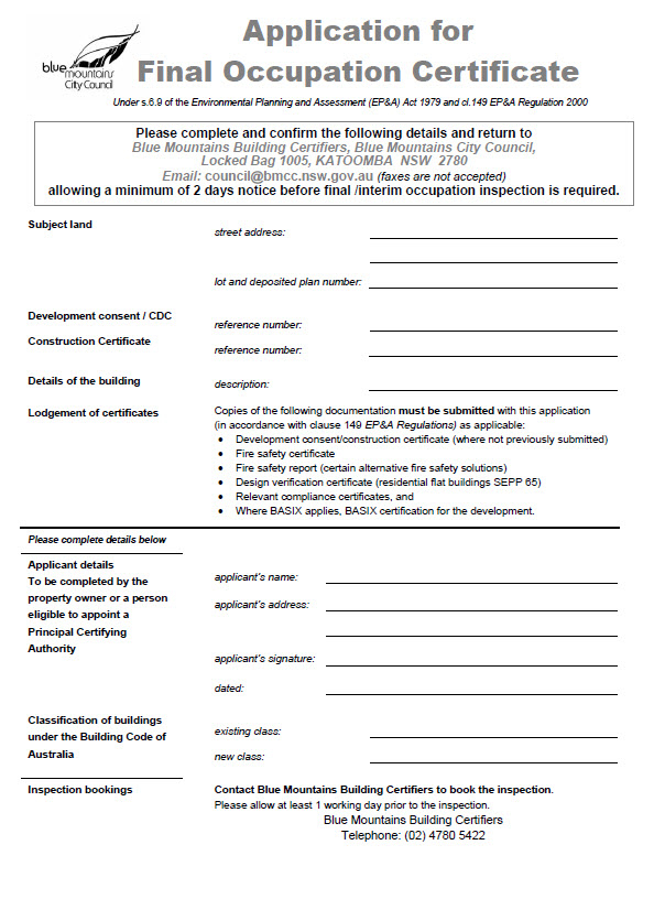 FORM Apply For An Occupation Certificate final Bmcc nsw gov au