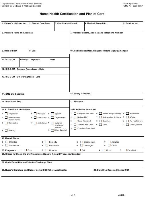 Form CMS 485 Download Printable PDF Home Health Certification And Plan 