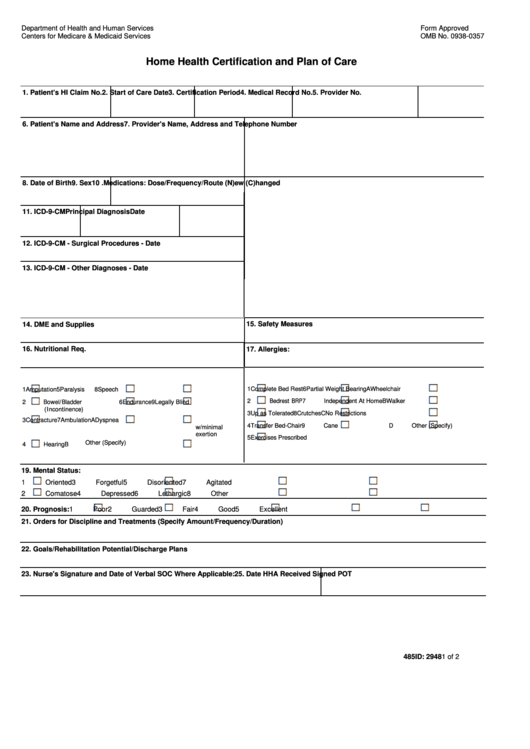Form Cms 485 Home Health Certification And Plan Of Care Printable Pdf 
