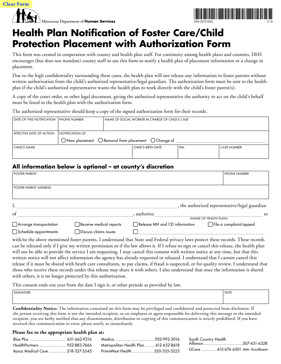 Form DHS 5275 ENG Download Fillable PDF Or Fill Online Health Plan 