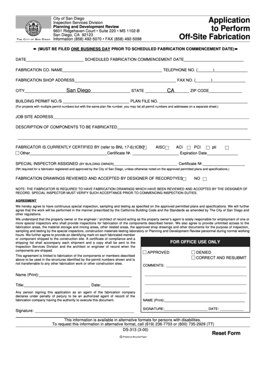 Form Ds 313 Application To Perform Off Site Fabrication City Of San