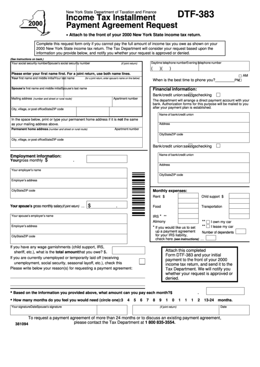 Form Dtf 383 Income Tax Installment Payment Agreement Request 2000 