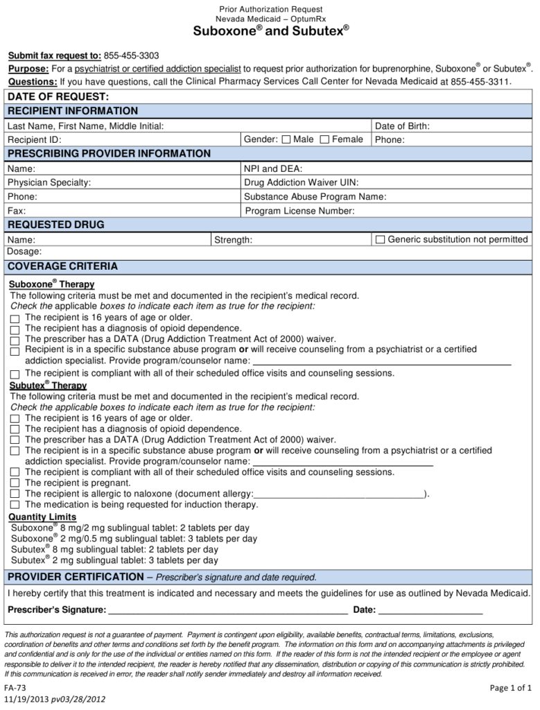 Form FA 73 Download Fillable PDF Or Fill Online Prior Authorization 
