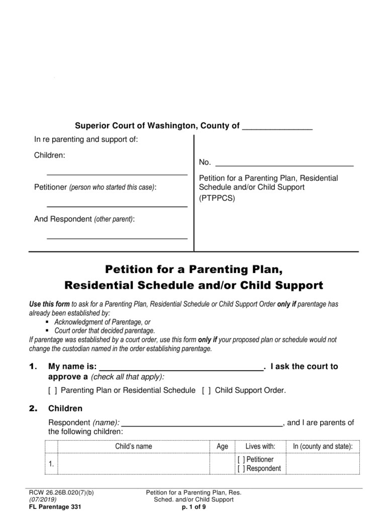 Form FL Parentage331 Download Printable PDF Or Fill Online Petition For 