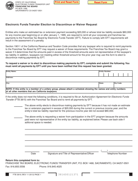 Form FTB3816 Download Fillable PDF Or Fill Online Electronic Funds 