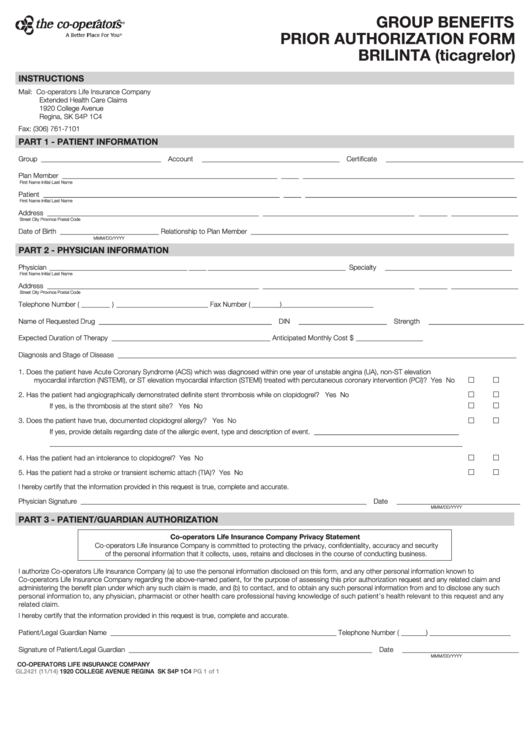 Form Gl2421 Group Benefits Prior Authorization Brilinta Ticagrelor 