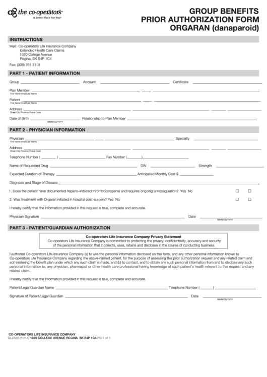 Form Gl2426 Group Benefits Prior Authorization Orgaran Danaparoid