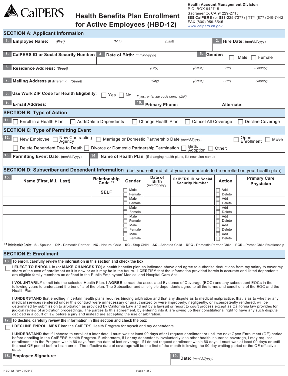 Form HBD 12 Download Fillable PDF Or Fill Online Health Benefits Plan 