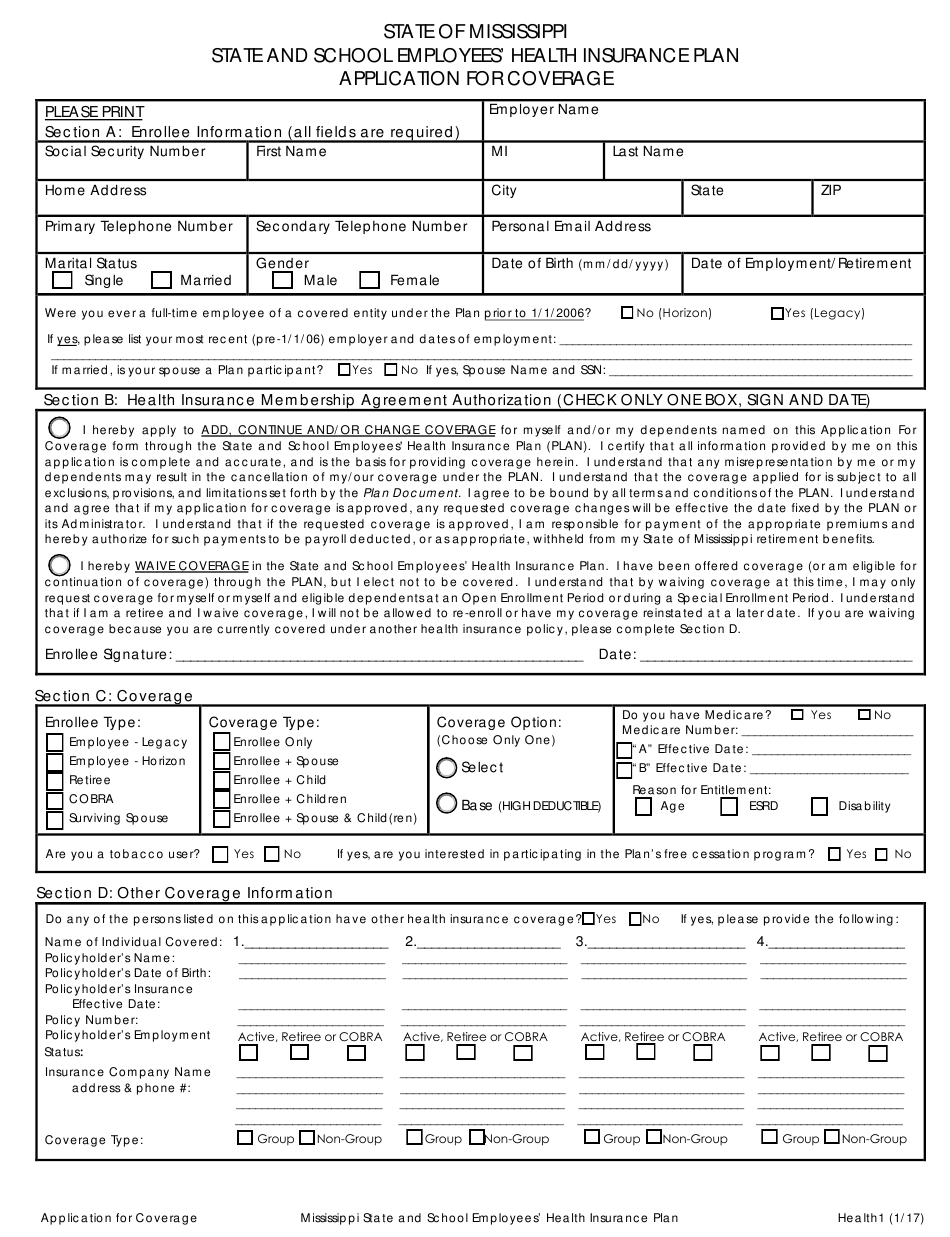 Form Health1 Download Fillable PDF Or Fill Online Application For 