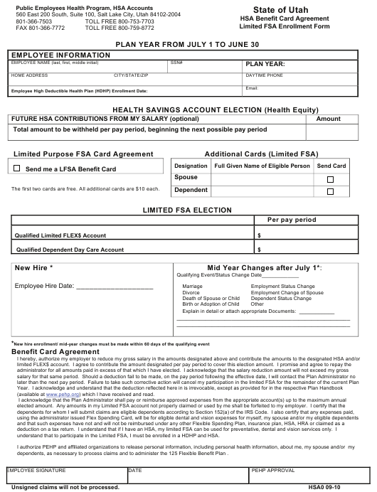 Form HSA0 Download Printable PDF Or Fill Online Hsa Benefit Card 