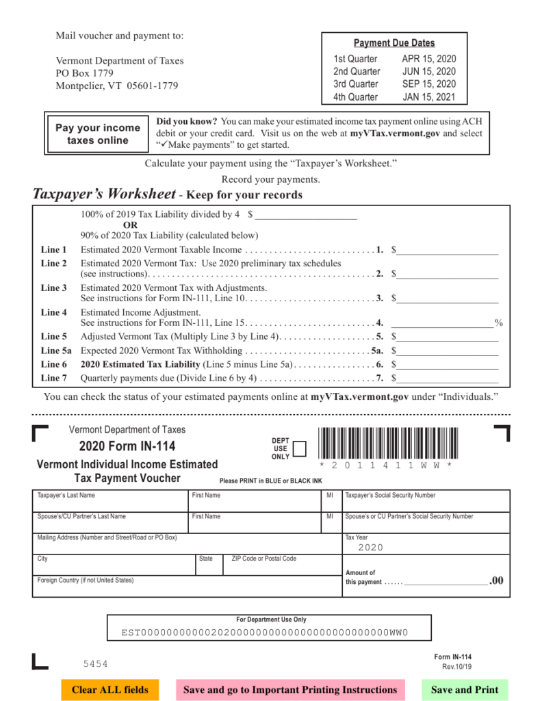 Form IN 114 Download Fillable PDF Or Fill Online Vermont Individual 