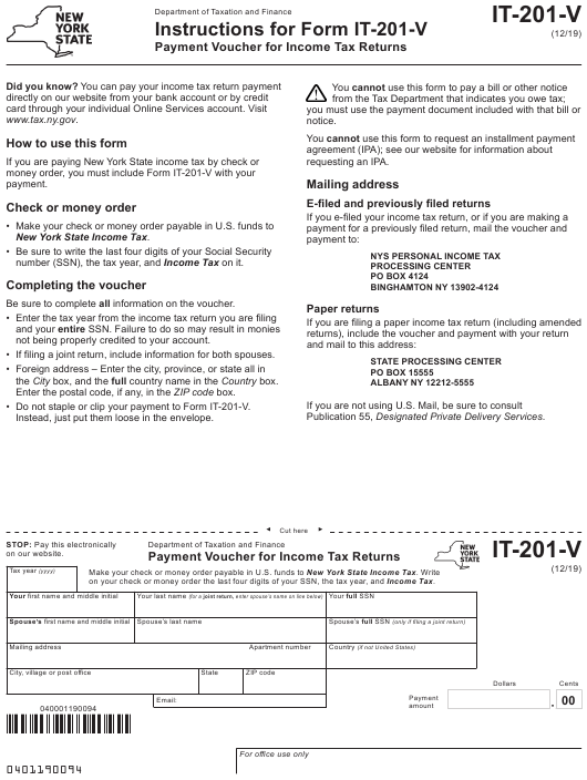 Form IT 201 V Download Fillable PDF Or Fill Online Payment Voucher For