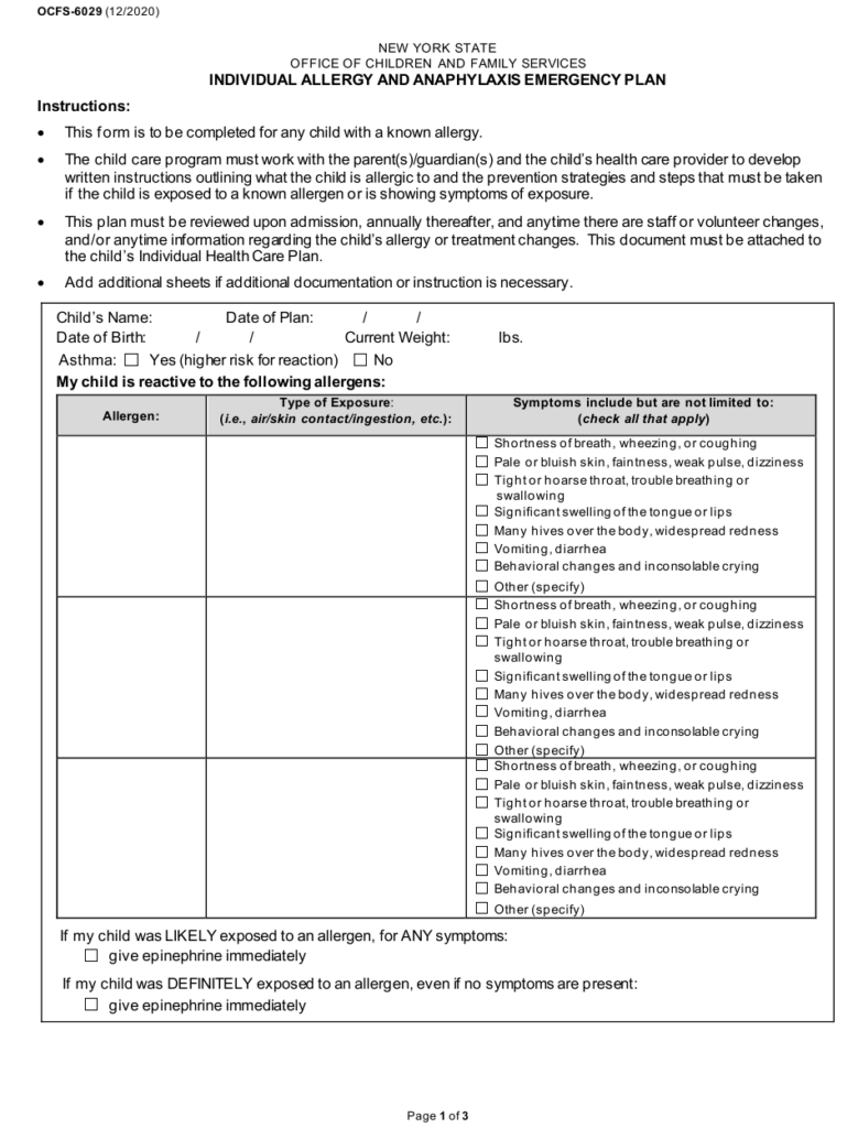 Form OCFS 6029 Download Printable PDF Or Fill Online Individual Allergy 