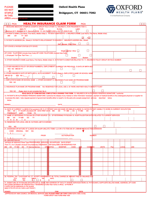 Form Rrb 1500 Oxford Health Insurance Claim Form Printable Pdf Download