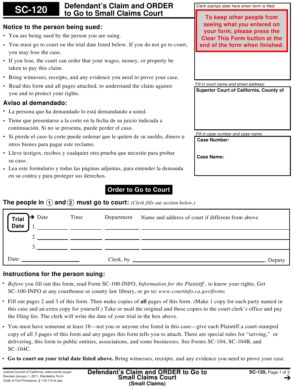 Form SC 120 Download Fillable PDF Or Fill Online Defendants Claim And 