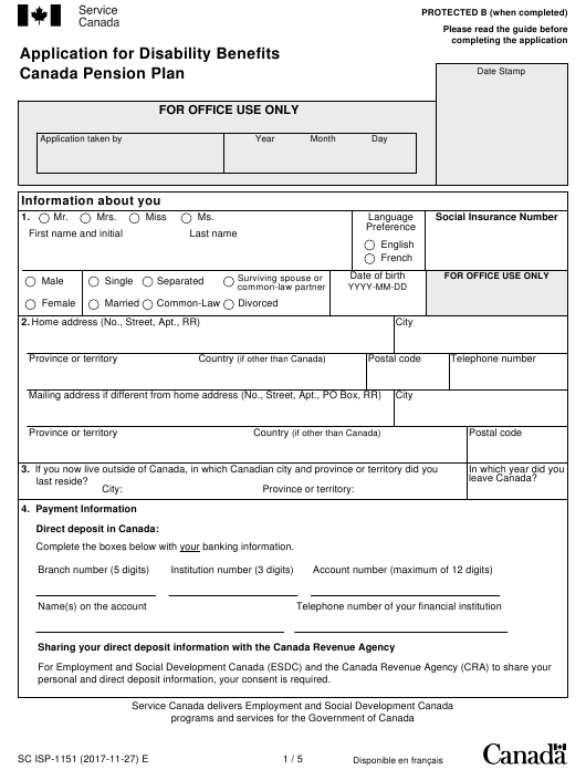 Form SC ISP 1151 Download Fillable PDF Application For Disability 