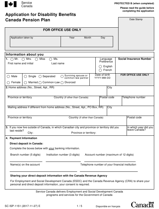 Canada Pension Plan Disability Application Form 5547