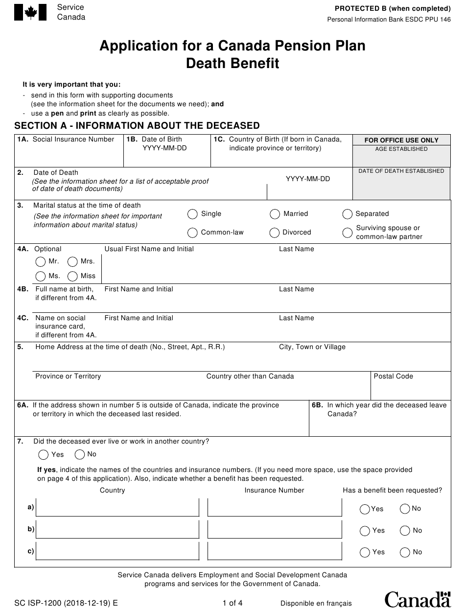 Canada Pension Plan Printable Application Form - PlanForms.net