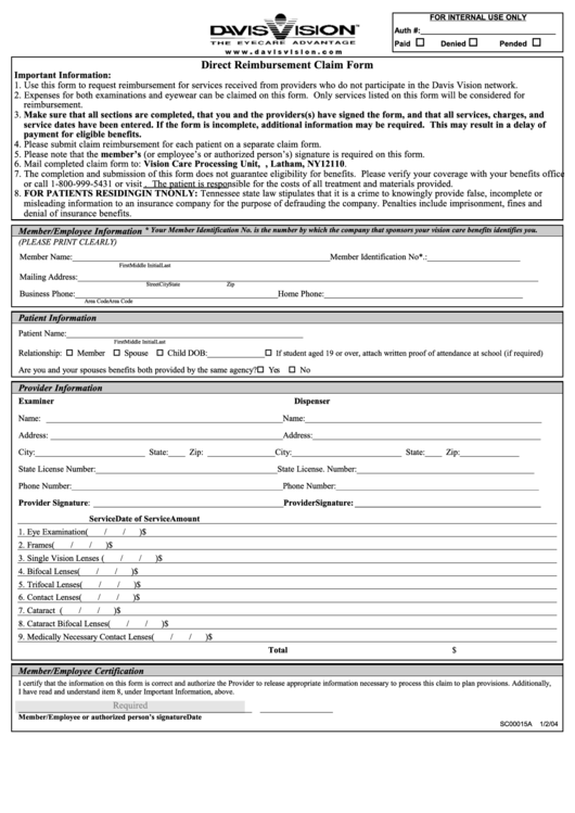 Form Sc00015a Direct Reimbursement Claim Form 2004 Printable Pdf 