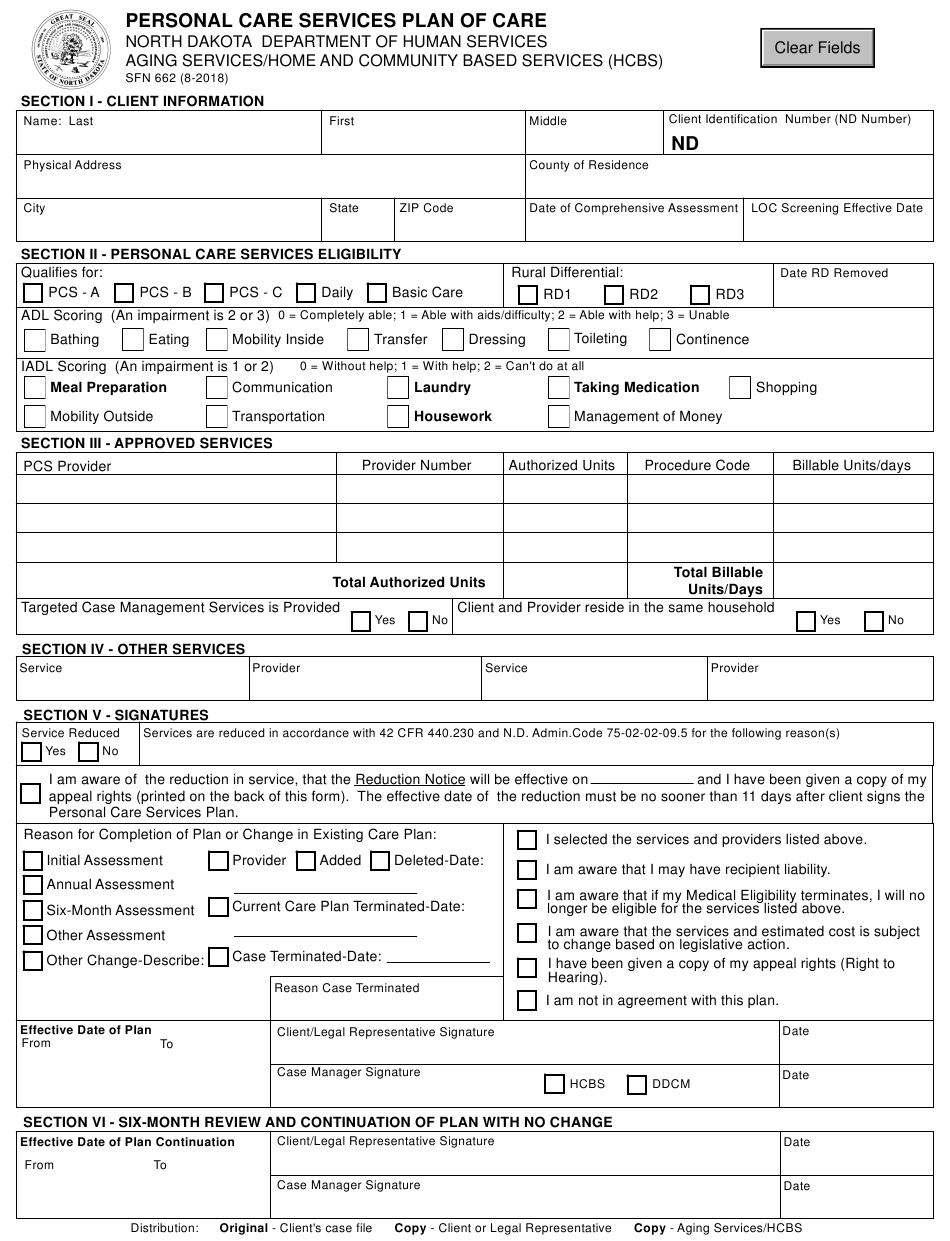 Form SFN662 Download Fillable PDF Or Fill Online Personal Care Services 