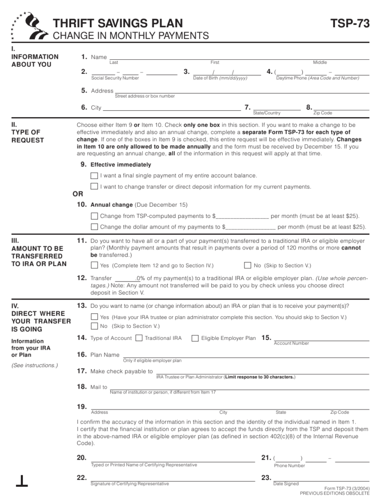 Form TSP 73 Download Printable PDF Or Fill Online Change In Monthly 