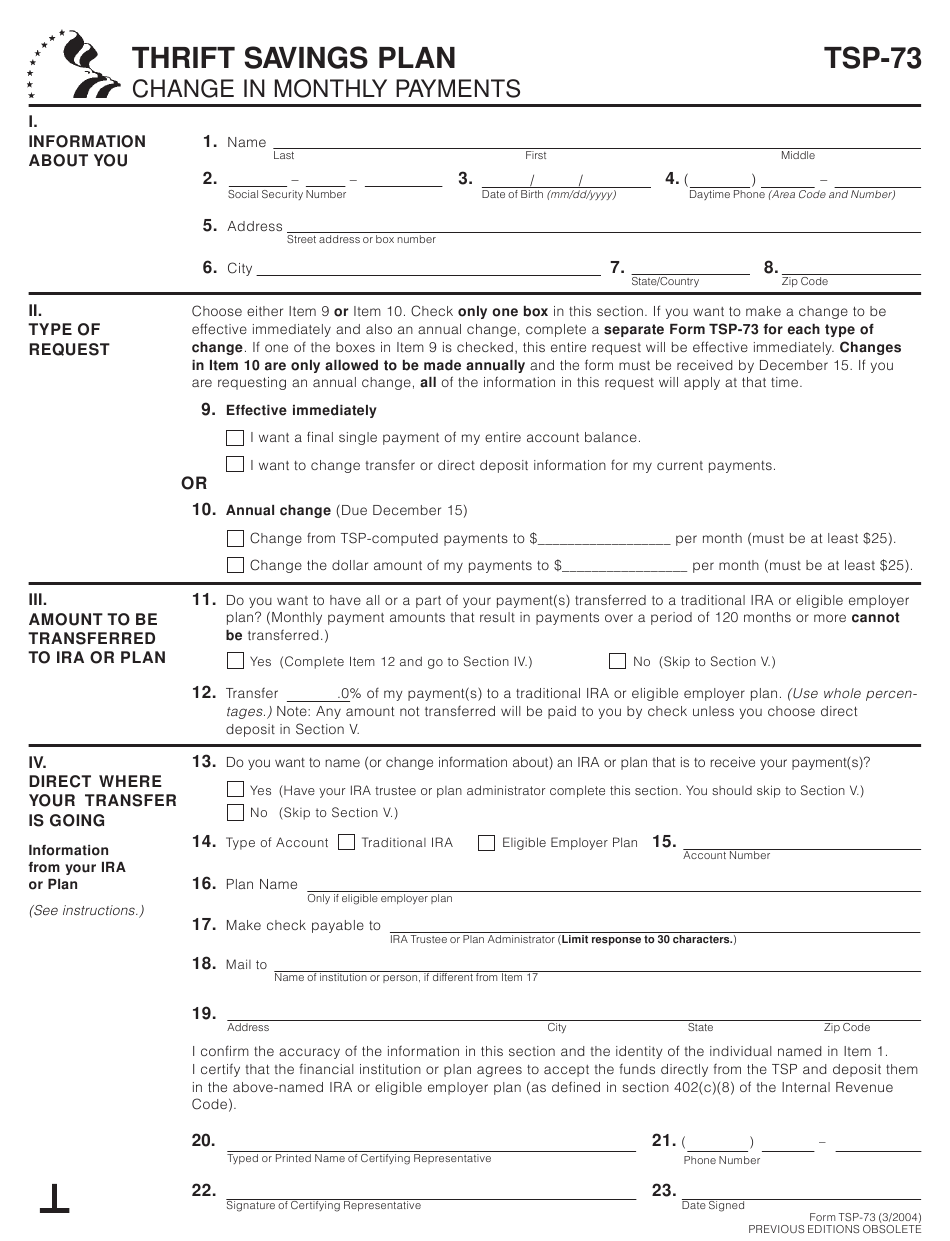 Form TSP 73 Download Printable PDF Or Fill Online Change In Monthly 