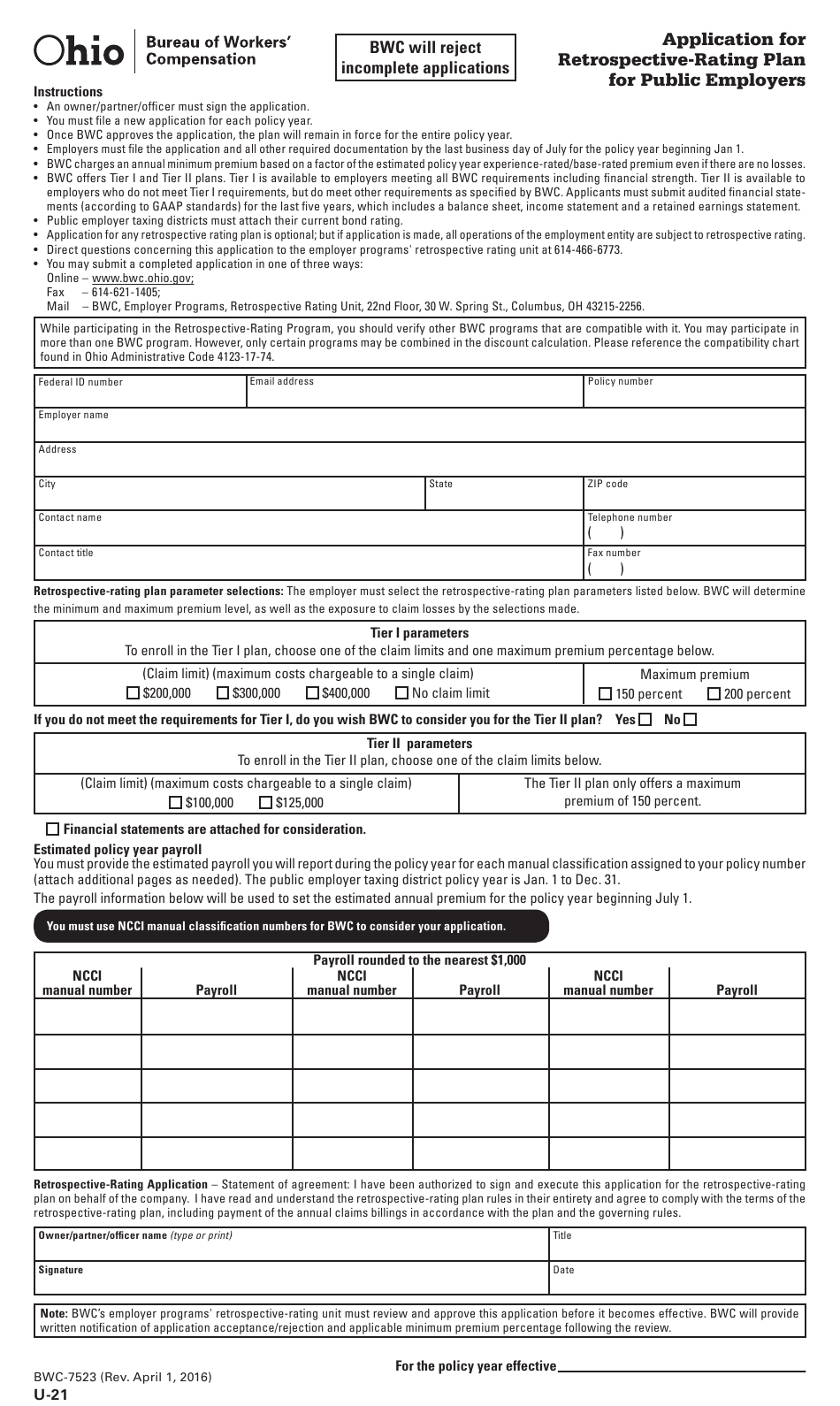 Form U 21 BWC 7523 Download Printable PDF Or Fill Online Application