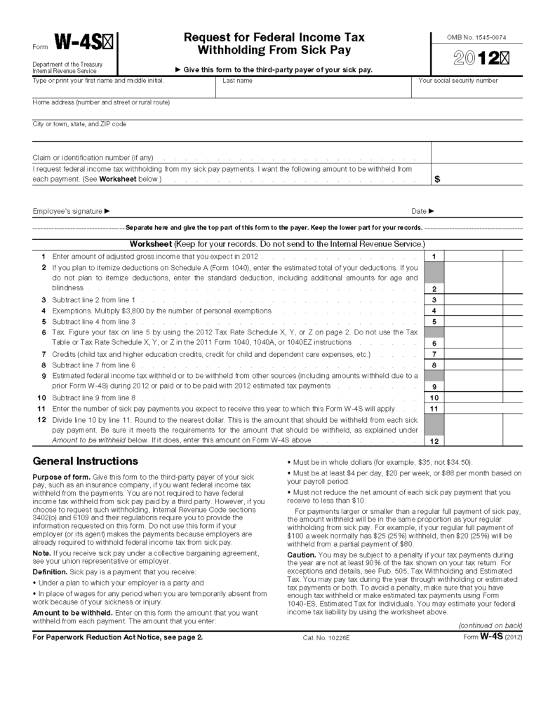 Form W 4S Request For Federal Income Tax Withholding From Sick Pay