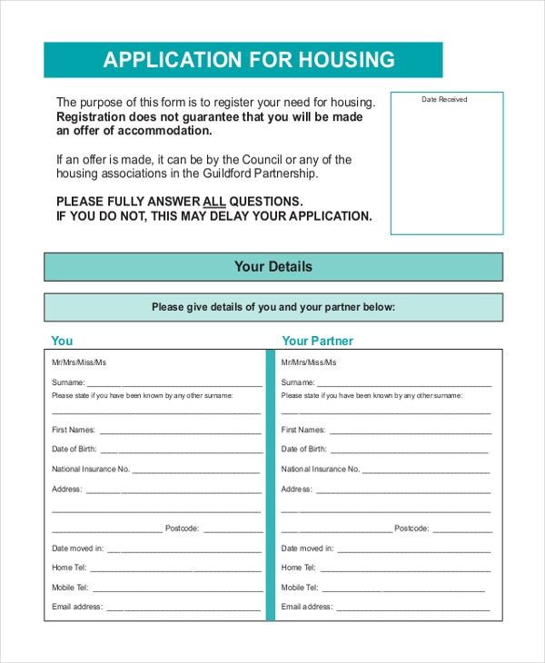 FREE 12 Sample Housing Application Forms In PDF MS Word Excel