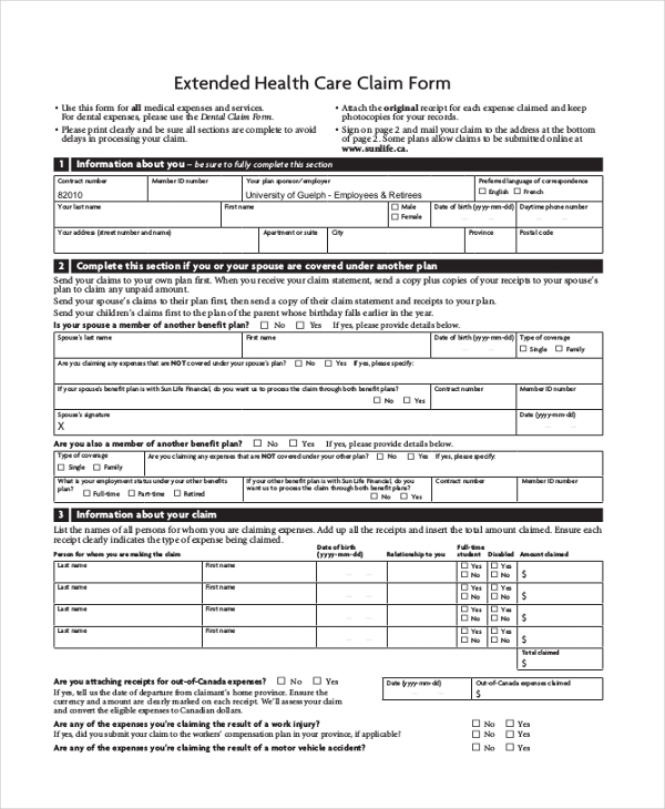 FREE 13 Sample Health Care Claim Forms In PDF Excel MS Word
