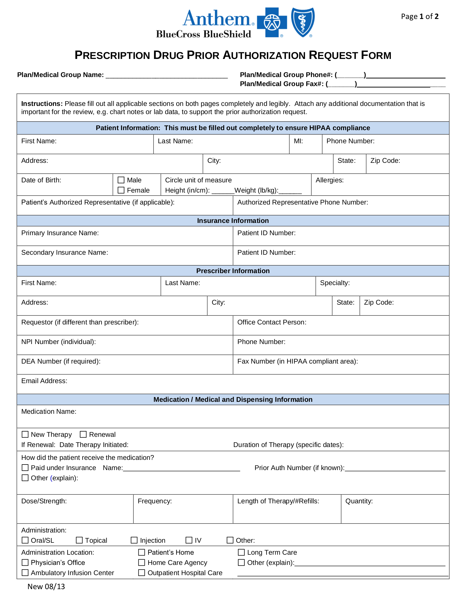 Free Anthem Blue Cross Blue Shield Prior Rx Authorization Form