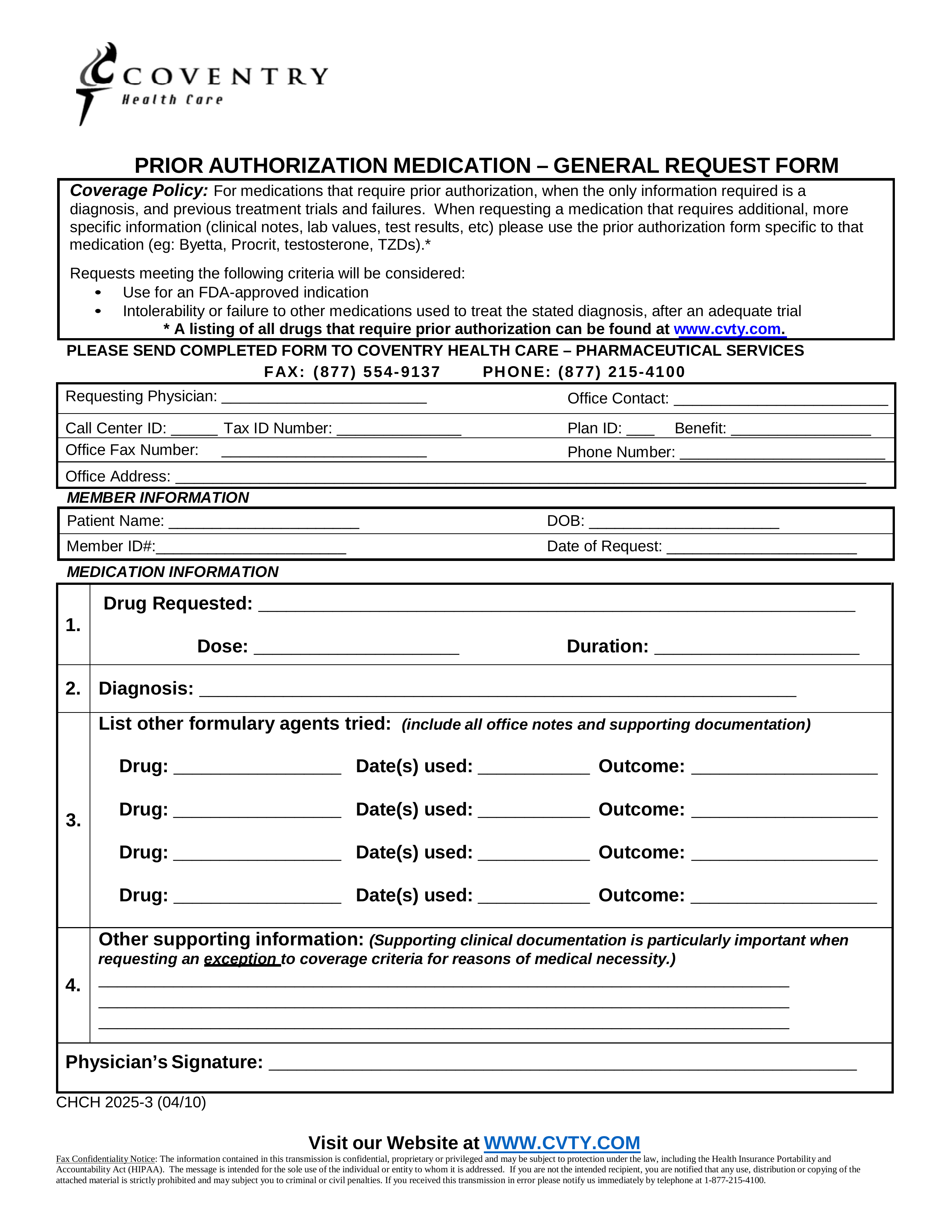 Free Coventry Health Care Prior Rx Authorization Form PDF EForms