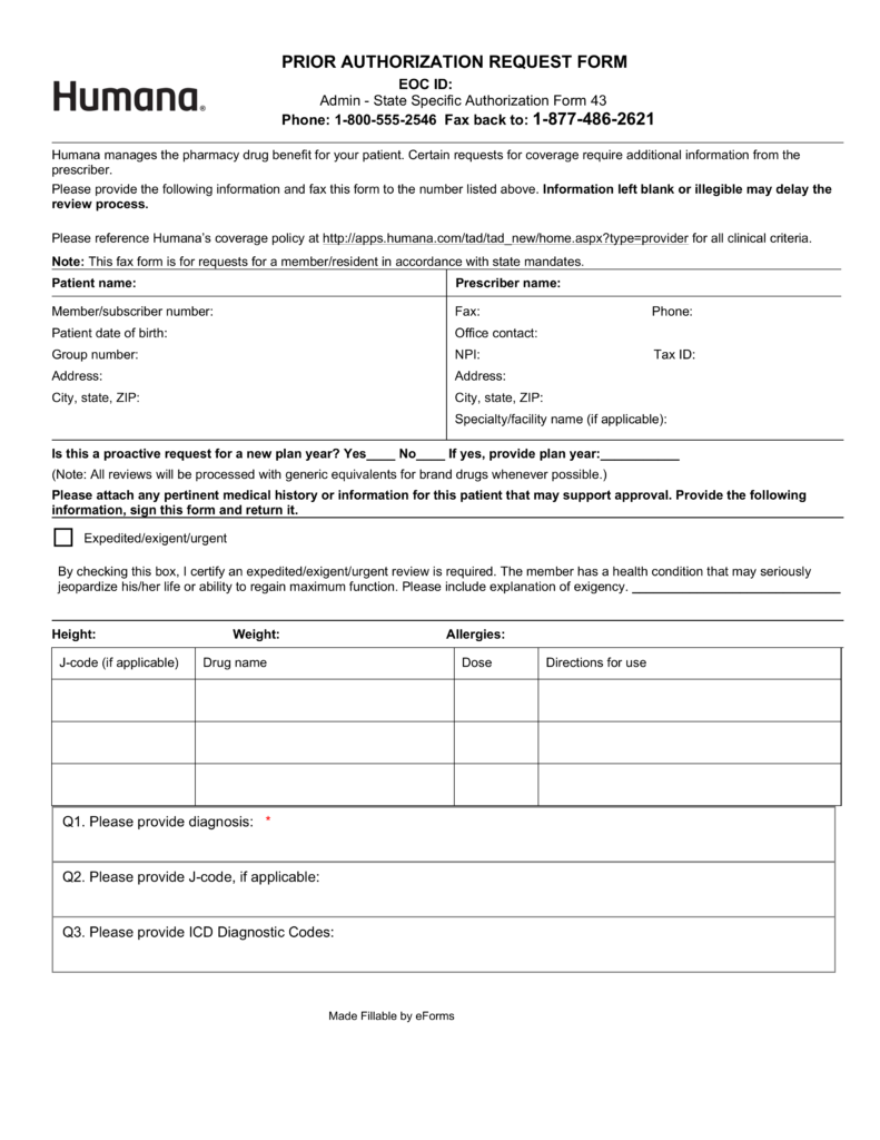 Free Humana Prior Rx Authorization Form PDF EForms