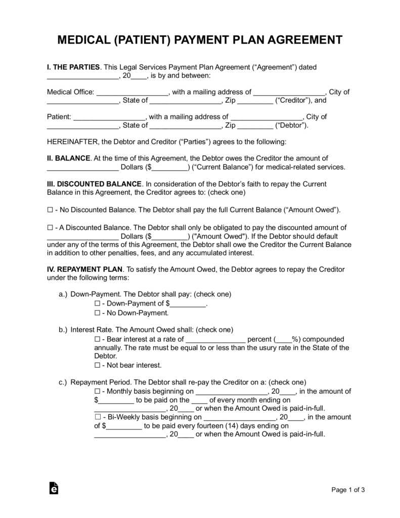 Free Medical Patient Payment Plan Agreement PDF Word EForms