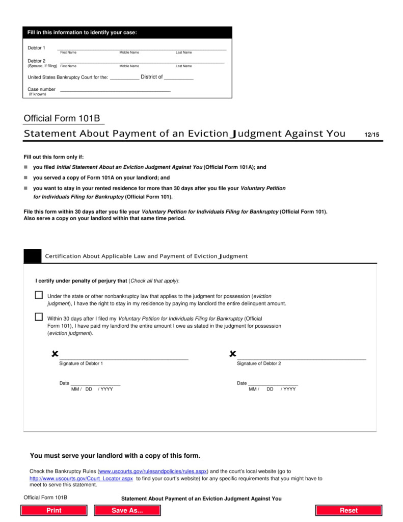 Free Official Form 101B Statement About Payment Of An Eviction 