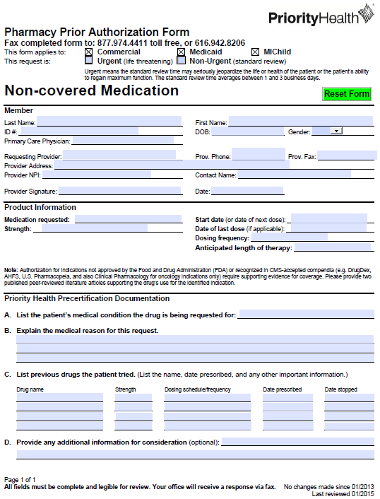 Free PriorityHealth Prior Prescription Rx Authorization Form PDF