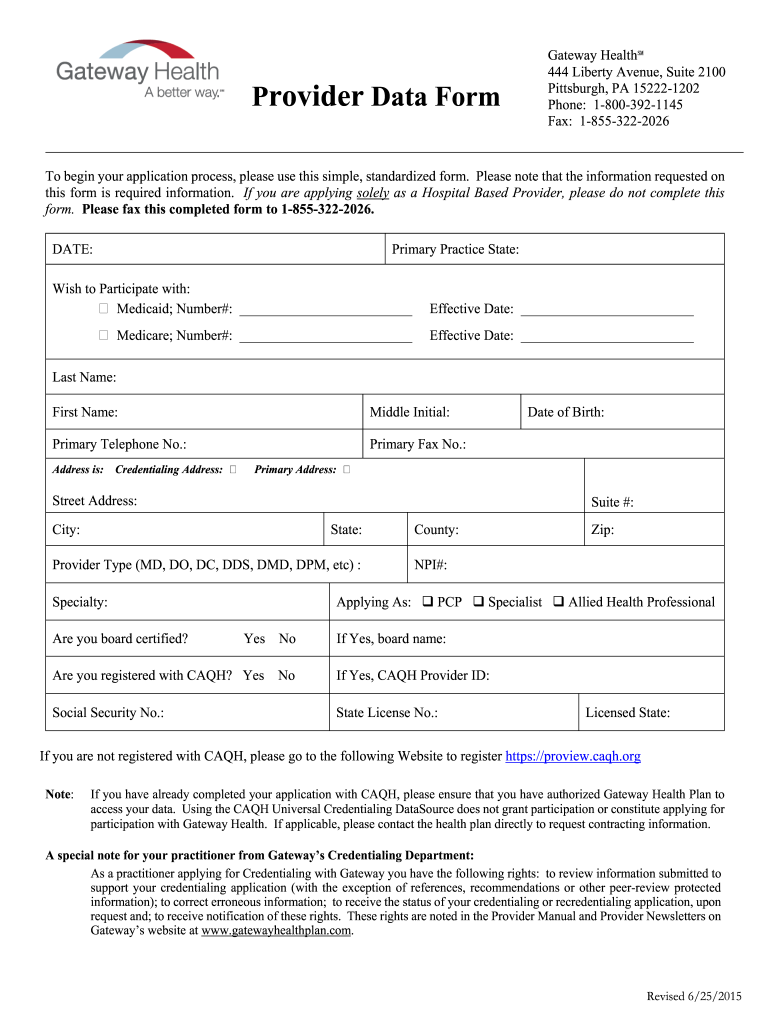 Gateway Health Provider Data Form Fill Online Printable Fillable