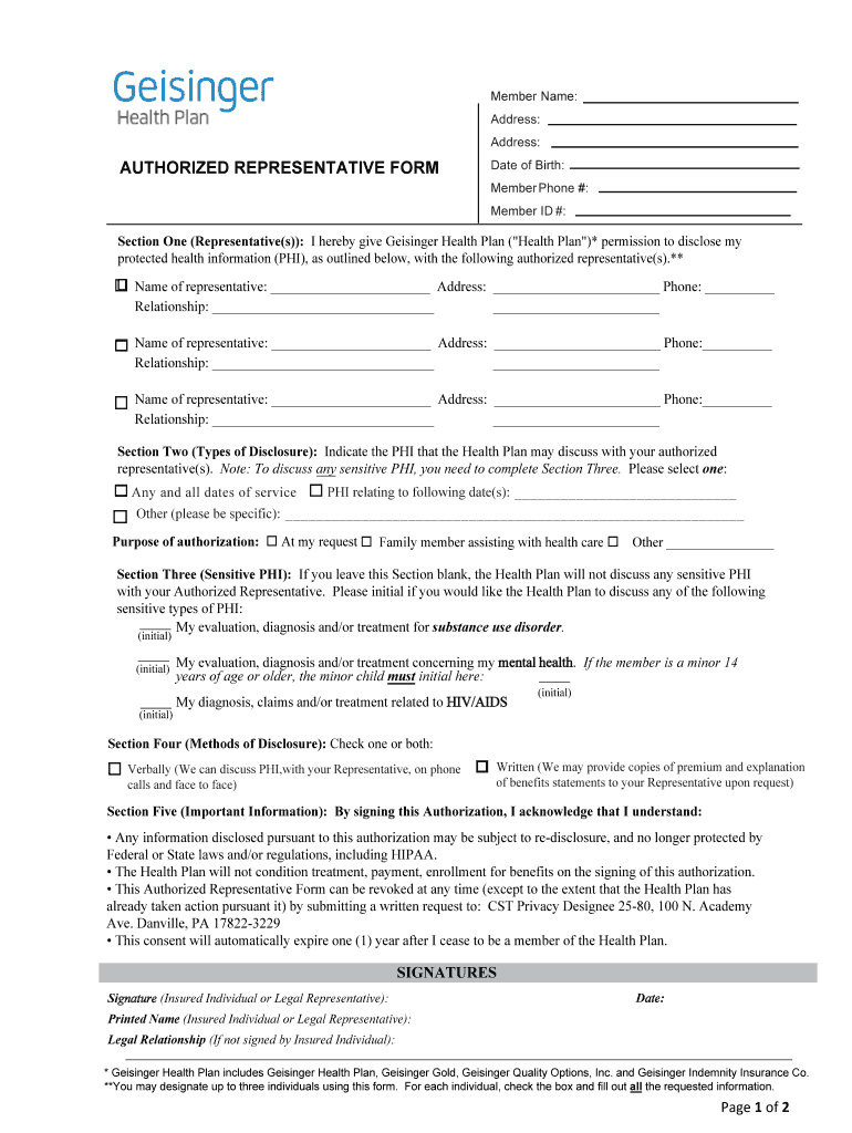 Geisinger Health Plan Authorized Representative Form 2019 2021 Fill 