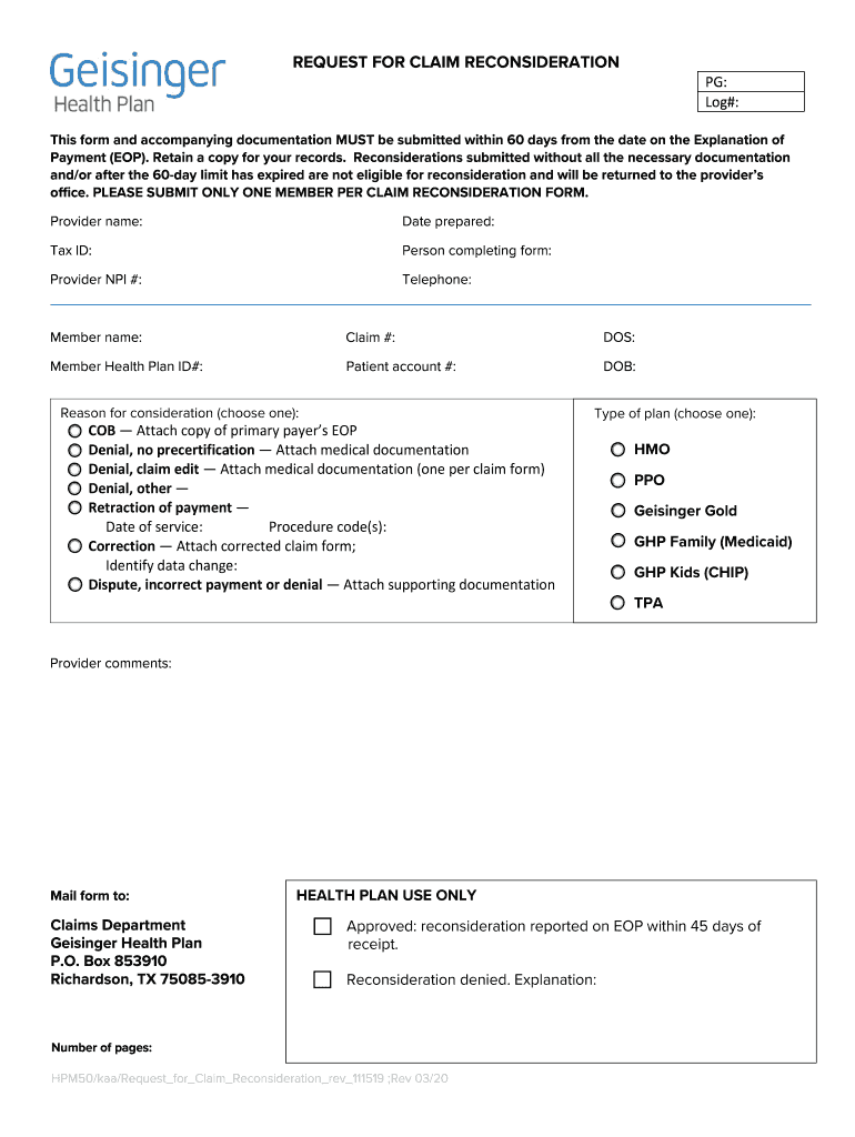 Geisinger Health Plan Request For Claim Reconsideration 2020 Fill And